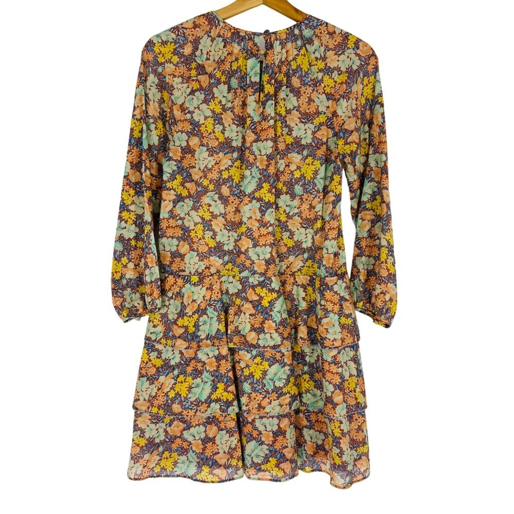 Veronica Beard Abanu Multicolored Floral Tiered 3/4 Sleeve Keyhole Mini Dress 2 - Picture 3 of 11